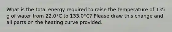 What is the total energy required to raise the temperature of 135 g of water from 22.0°C to 133.0°C? Please draw this change and all parts on the heating curve provided.