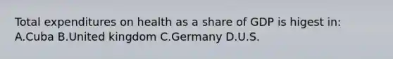 Total expenditures on health as a share of GDP is higest in: A.Cuba B.United kingdom C.Germany D.U.S.