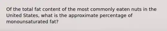 Of the total fat content of the most commonly eaten nuts in the United States, what is the approximate percentage of monounsaturated fat?