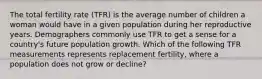 The total fertility rate (TFR) is the average number of children a woman would have in a given population during her reproductive years. Demographers commonly use TFR to get a sense for a country's future population growth. Which of the following TFR measurements represents replacement fertility, where a population does not grow or decline?