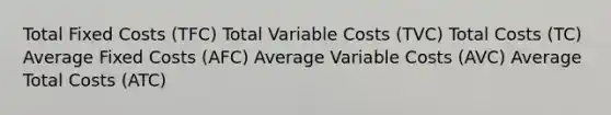 Total Fixed Costs (TFC) Total Variable Costs (TVC) Total Costs (TC) Average Fixed Costs (AFC) Average Variable Costs (AVC) Average Total Costs (ATC)