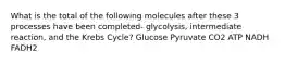 What is the total of the following molecules after these 3 processes have been completed- glycolysis, intermediate reaction, and the Krebs Cycle? Glucose Pyruvate CO2 ATP NADH FADH2