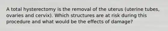 A total hysterectomy is the removal of the uterus (uterine tubes, ovaries and cervix). Which structures are at risk during this procedure and what would be the effects of damage?