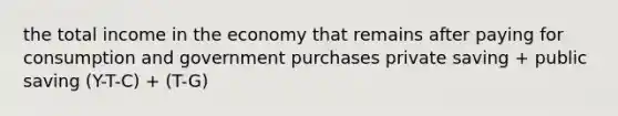 the total income in the economy that remains after paying for consumption and government purchases private saving + public saving (Y-T-C) + (T-G)