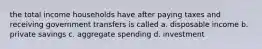 the total income households have after paying taxes and receiving government transfers is called a. disposable income b. private savings c. aggregate spending d. investment