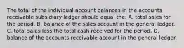 The total of the individual account balances in the accounts receivable subsidiary ledger should equal the: A. total sales for the period. B. balance of the sales account in the general ledger. C. total sales less the total cash received for the period. D. balance of the accounts receivable account in the general ledger.