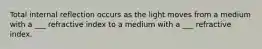 Total internal reflection occurs as the light moves from a medium with a ___ refractive index to a medium with a ___ refractive index.