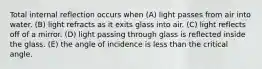 Total internal reflection occurs when (A) light passes from air into water. (B) light refracts as it exits glass into air. (C) light reflects off of a mirror. (D) light passing through glass is reflected inside the glass. (E) the angle of incidence is less than the critical angle.