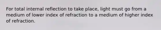 For total internal reflection to take place, light must go from a medium of lower index of refraction to a medium of higher index of refraction.