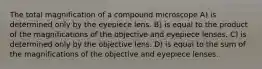 The total magnification of a compound microscope A) is determined only by the eyepiece lens. B) is equal to the product of the magnifications of the objective and eyepiece lenses. C) is determined only by the objective lens. D) is equal to the sum of the magnifications of the objective and eyepiece lenses.