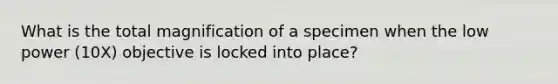 What is the total magnification of a specimen when the low power (10X) objective is locked into place?