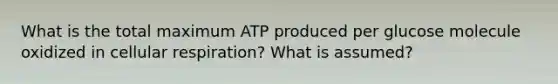 What is the total maximum ATP produced per glucose molecule oxidized in cellular respiration? What is assumed?