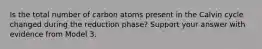 Is the total number of carbon atoms present in the Calvin cycle changed during the reduction phase? Support your answer with evidence from Model 3.