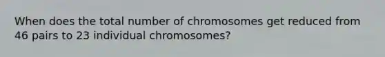 When does the total number of chromosomes get reduced from 46 pairs to 23 individual chromosomes?