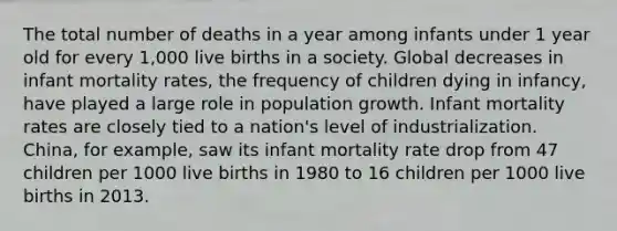 The total number of deaths in a year among infants under 1 year old for every 1,000 live births in a society. Global decreases in infant mortality rates, the frequency of children dying in infancy, have played a large role in population growth. Infant mortality rates are closely tied to a nation's level of industrialization. China, for example, saw its infant mortality rate drop from 47 children per 1000 live births in 1980 to 16 children per 1000 live births in 2013.