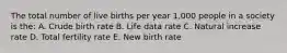 The total number of live births per year 1,000 people in a society is the: A. Crude birth rate B. Life data rate C. Natural increase rate D. Total fertility rate E. New birth rate