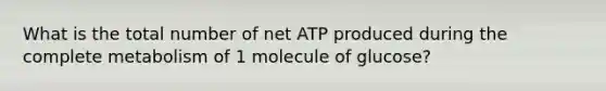 What is the total number of net ATP produced during the complete metabolism of 1 molecule of glucose?