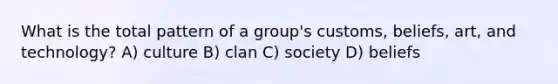 What is the total pattern of a group's customs, beliefs, art, and technology? A) culture B) clan C) society D) beliefs