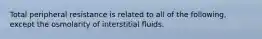 Total peripheral resistance is related to all of the following, except the osmolarity of interstitial fluids.