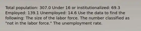 Total population: 307.0 Under 16 or institutionalized: 69.3 Employed: 139.1 Unemployed: 14.6 Use the data to find the following: The size of the labor force. The number classified as "not in the labor force." The unemployment rate.