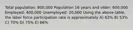 Total population: 800,000 Population 16 years and older: 600,000 Employed: 400,000 Unemployed: 20,000 Using the above table, the labor force participation rate is approximately A) 63% B) 53% C) 70% D) 75% E) 66%