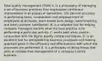 Total quality management (TQM) A. is a philosophy of managing a set of business practices that emphasizes continuous improvement in all phases of operations, 100 percent accuracy in performing tasks, involvement and empowerment of employees at all levels, team-based work design, benchmarking, and total customer satisfaction. B. is a valuable tool for helping company managers identify what the best practice is for performing a particular activity. C. works best when used in conjunction with Six Sigma quality control techniques. D. is an excellent tool for reengineering business processes and making quantum gains in the efficiency and effectiveness with which the processes are performed. E. is a philosophy of doing things that aims at mistake-free management of a company's entire business.