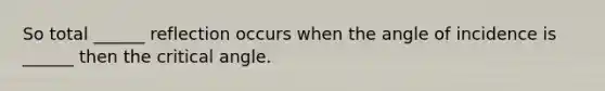 So total ______ reflection occurs when the angle of incidence is ______ then the critical angle.