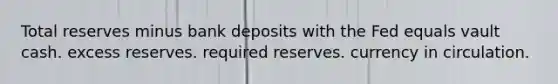 Total reserves minus bank deposits with the Fed equals vault cash. excess reserves. required reserves. currency in circulation.