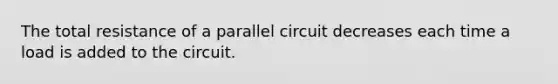 The total resistance of a parallel circuit decreases each time a load is added to the circuit.