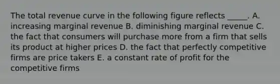 The total revenue curve in the following figure reflects _____. A. increasing marginal revenue B. diminishing marginal revenue C. the fact that consumers will purchase more from a firm that sells its product at higher prices D. the fact that perfectly competitive firms are price takers E. a constant rate of profit for the competitive firms