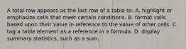A total row appears as the last row of a table to: A. highlight or emphasize cells that meet certain conditions. B. format cells based upon their value in reference to the value of other cells. C. tag a table element as a reference in a formula. D. display summary statistics, such as a sum.