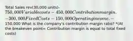 Total Sales rev(30,000 units)-750,000 Variable costs - 450,000 Contribution margin. - 300,000 Fixed Costs - 150,000 Operating income. -150,000 What is the company's contribution margin ratio? *(At the breakeven point= Contribution margin is equal to total fixed costs)