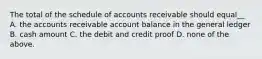 The total of the schedule of accounts receivable should equal__ A. the accounts receivable account balance in the general ledger B. cash amount C. the debit and credit proof D. none of the above.