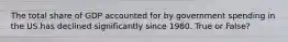 The total share of GDP accounted for by government spending in the US has declined significantly since 1980. True or False?
