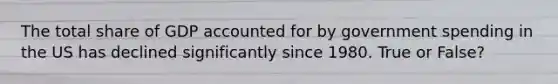 The total share of GDP accounted for by government spending in the US has declined significantly since 1980. True or False?