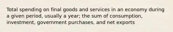 Total spending on final goods and services in an economy during a given period, usually a year; the sum of consumption, investment, government purchases, and net exports