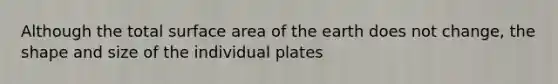 Although the total <a href='https://www.questionai.com/knowledge/kEtsSAPENL-surface-area' class='anchor-knowledge'>surface area</a> of the earth does not change, the shape and size of the individual plates