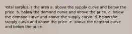 Total surplus is the area a. above the supply curve and below the price. b. below the demand curve and above the price. c. below the demand curve and above the supply curve. d. below the supply curve and above the price. e. above the demand curve and below the price.