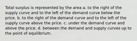 Total surplus is represented by the area a. to the right of the supply curve and to the left of the demand curve below the price. b. to the right of the demand curve and to the left of the supply curve above the price. c. under the demand curve and above the price. d. between the demand and supply curves up to the point of equilibrium.