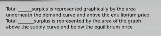 Total ______surplus is represented graphically by the area underneath the demand curve and above the equilibrium price. Total _______surplus is represented by the area of the graph above the supply curve and below the equilibrium price