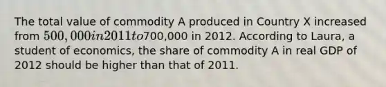 The total value of commodity A produced in Country X increased from​ 500,000 in 2011 to​700,000 in 2012. According to​ Laura, a student of​ economics, the share of commodity A in real GDP of 2012 should be higher than that of 2011.