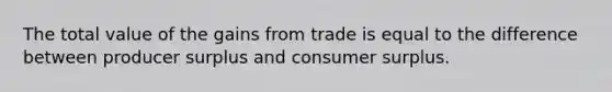 The total value of the gains from trade is equal to the difference between producer surplus and consumer surplus.