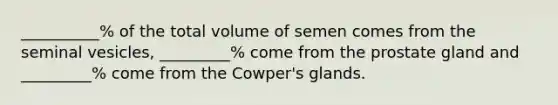 __________% of the total volume of semen comes from the seminal vesicles, _________% come from the prostate gland and _________% come from the Cowper's glands.