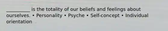 __________ is the totality of our beliefs and feelings about ourselves. • Personality • Psyche • Self-concept • Individual orientation