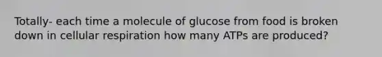 Totally- each time a molecule of glucose from food is broken down in cellular respiration how many ATPs are produced?