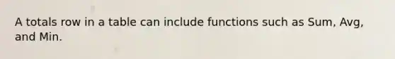 A totals row in a table can include functions such as Sum, Avg, and Min.
