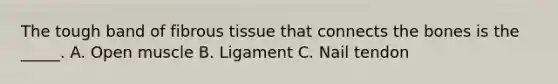 The tough band of fibrous tissue that connects the bones is the _____. A. Open muscle B. Ligament C. Nail tendon