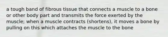 a tough band of fibrous tissue that connects a muscle to a bone or other body part and transmits the force exerted by the muscle; when a muscle contracts (shortens), it moves a bone by pulling on this which attaches the muscle to the bone