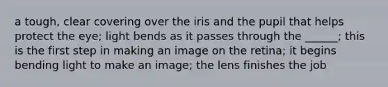 a tough, clear covering over the iris and the pupil that helps protect the eye; light bends as it passes through the ______; this is the first step in making an image on the retina; it begins bending light to make an image; the lens finishes the job