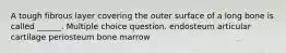 A tough fibrous layer covering the outer surface of a long bone is called ______. Multiple choice question. endosteum articular cartilage periosteum bone marrow